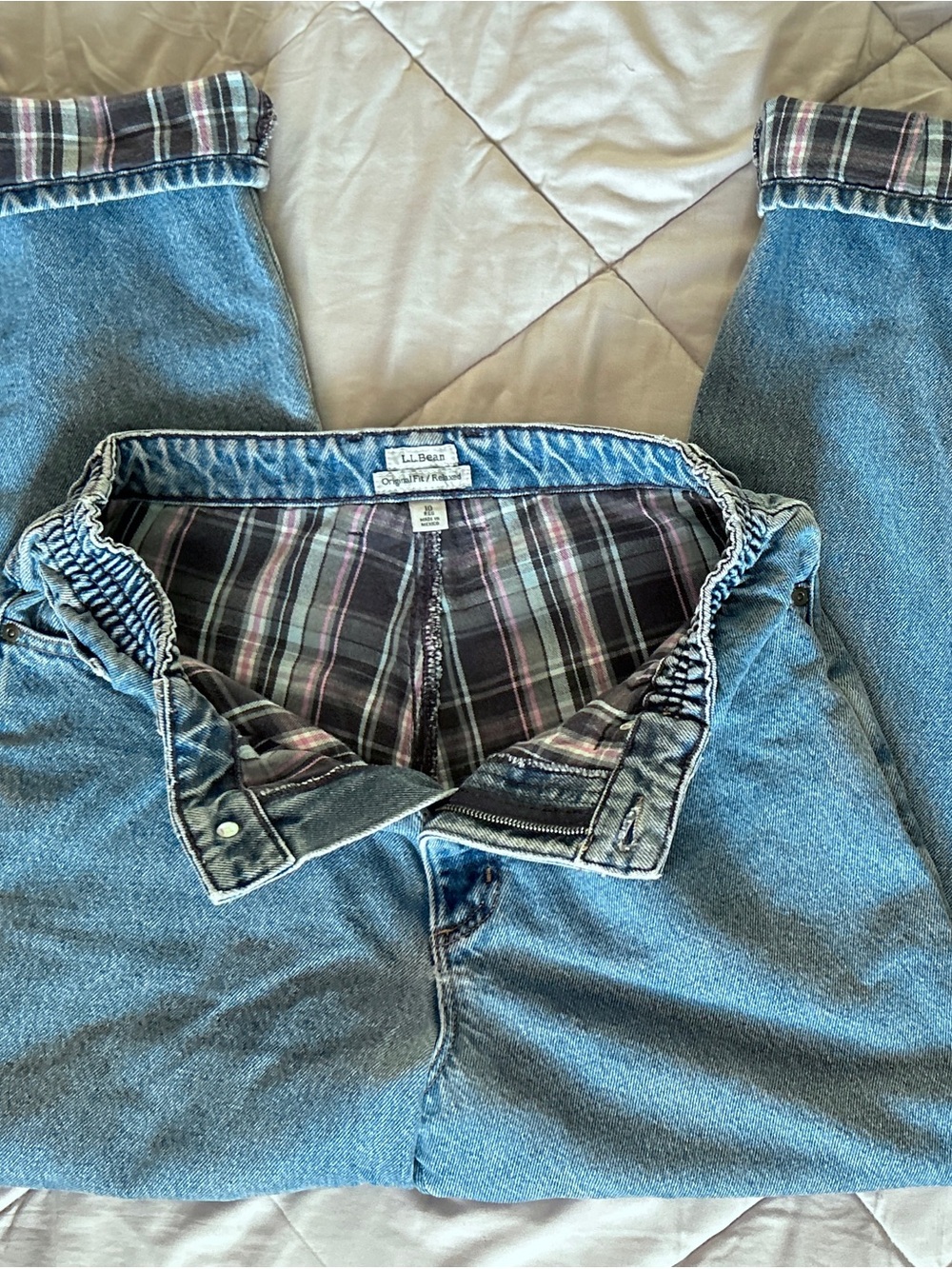L.L. Bean Women's Light Blue High-Rise Jeans with Plaid Trim